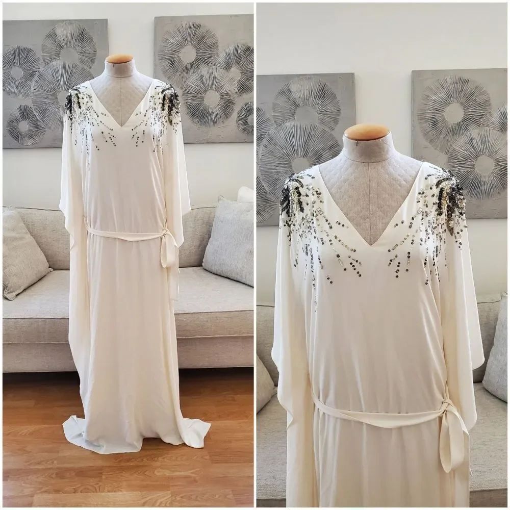 ✨ ST. JOHN ✨ Hand Beaded Poncho Gown - [Large, Ivory]